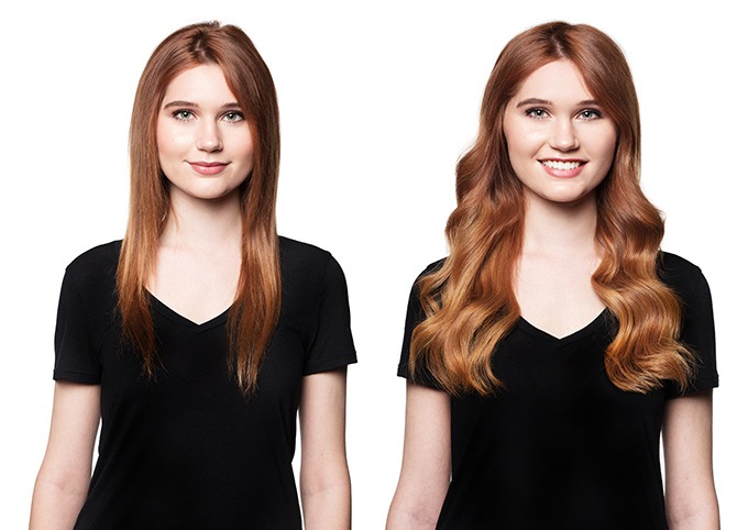 Model showing the change in wearing Partial Length Easihair Pro Hair Extensions in a Strawberry Shortcake Colour