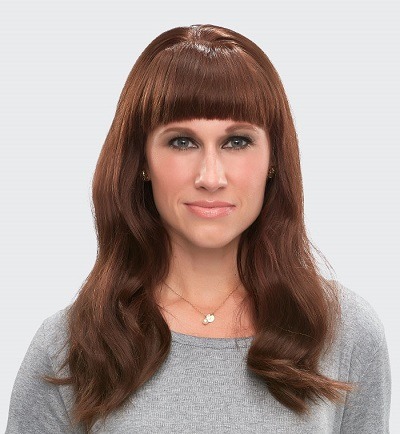 Model wearing her easipart hair topper in Chocolate Brown