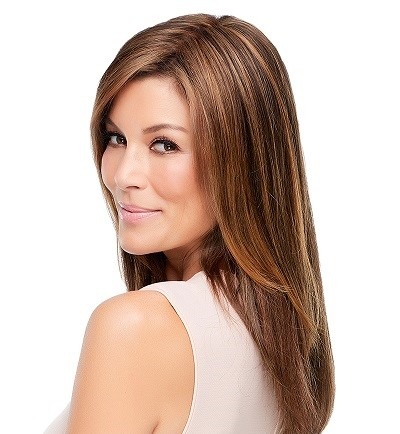 Woman wearing the Brown Top Style Hair Topper