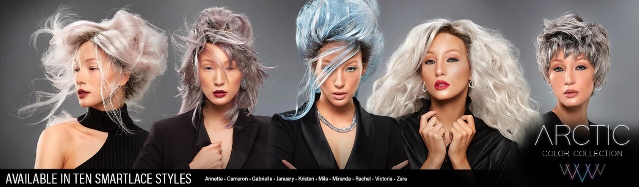 Five women wearing different style wigs in various colours 